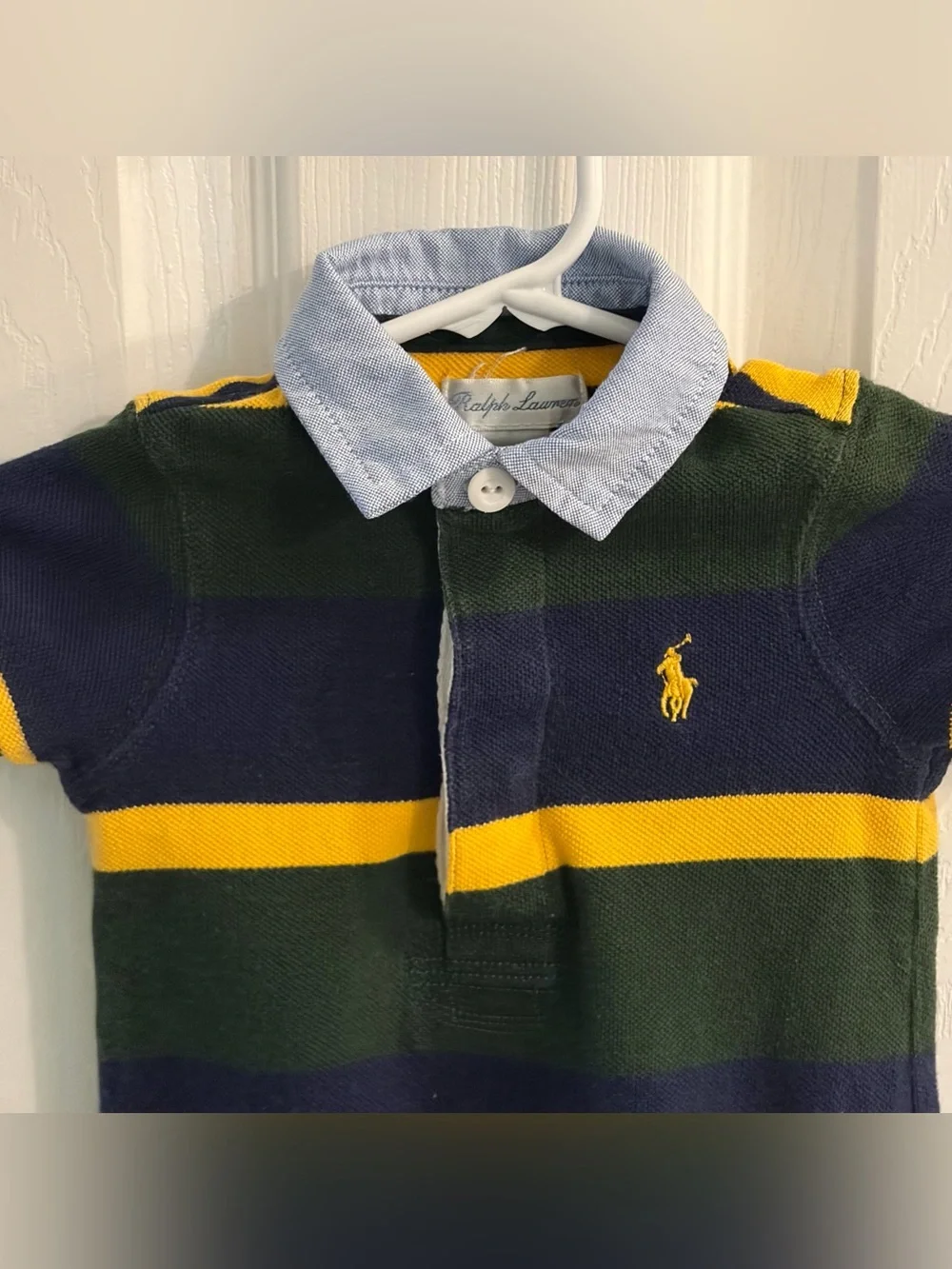 Ralph Lauren Classic Boy's Polo-Style Romper Green/Blue/Yellow Stripes Size 3M